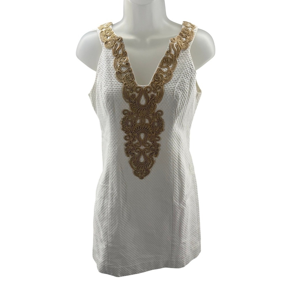Lilly Pulitzer White‎ Gold  Embroidered Shift Dress Vintage Womens Size 2